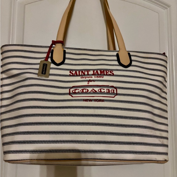 Coach Navy and Red Striped Tote - Picture 1 of 9